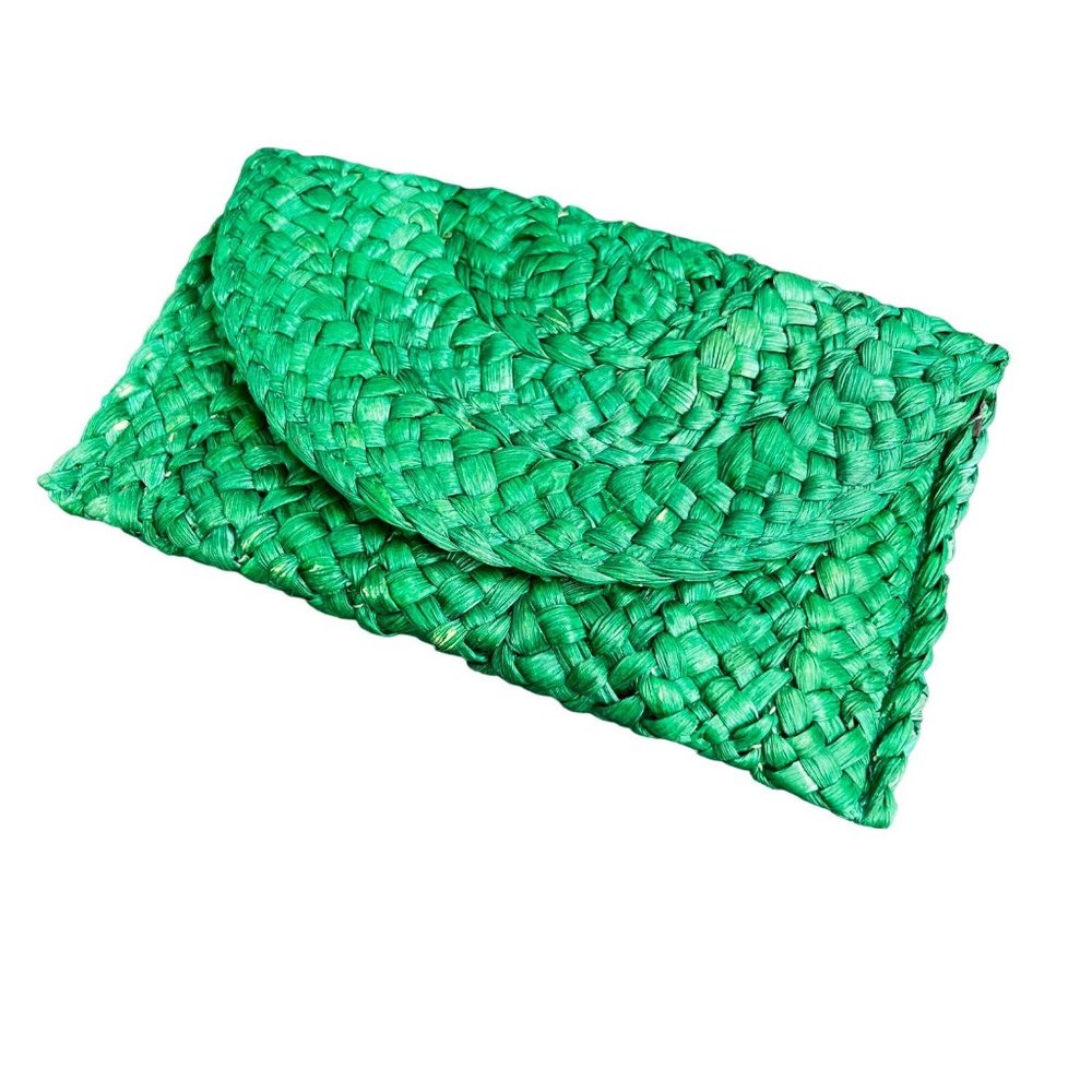 Green Straw Clutch Handbag Purse Woven Rattan Envelope Snap Closure Beach